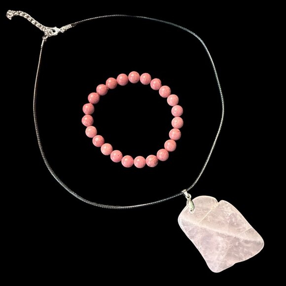 Rose Quartz Pendant Necklace pink rhodonite bracelet fashion accessories bundle - Picture 10 of 10